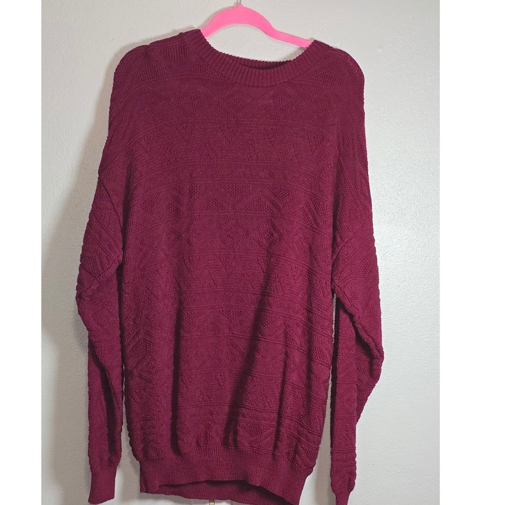 Warren Scott Vintage Mens Burgundy Textured Knit Cotton Sweater Made in USA L